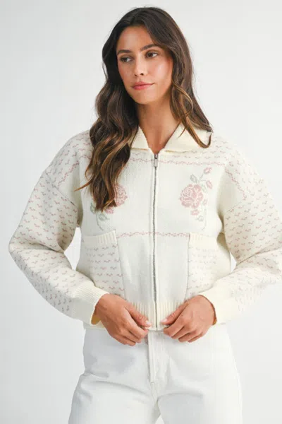 Mable Rose Jacquard Zip Up Jacket Pink In White