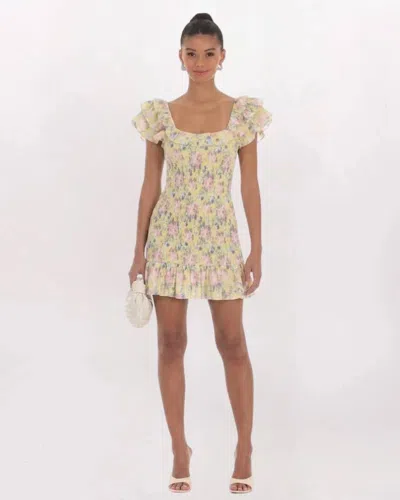 Mable Roses Smocked Ruffle Dress In Yellow In Neutral