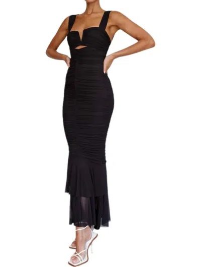 Mable Ruched Mesh Fishtale Midi Dress In Black