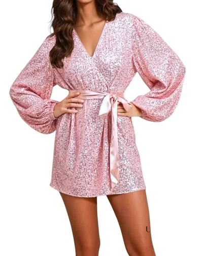 Mable Samantha Sequined Long Sleeve Wrap Dress In Pink