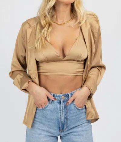 Mable Satin Bralette + Button Down Set In Taupe In Brown