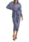 Mable Satin Long Sleeve Satin Button Down Midi Dress In Blue In Blue