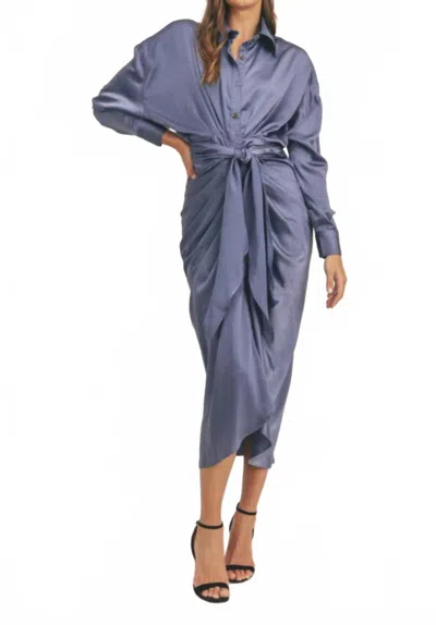 Mable Satin Long Sleeve Satin Button Down Midi Dress In Blue