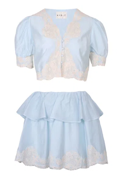 Mable Scalloped Lace Trim Top And Shorts Set Blue