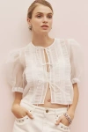 Mable Sheer Tie-front Puff-sleeve Blouse In White