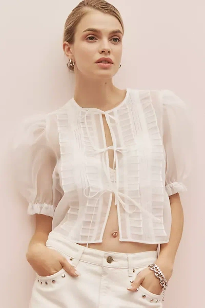 Mable Sheer Tie-front Puff-sleeve Blouse In White