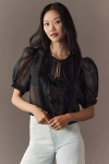 Mable Sheer Tie-front Puff-sleeve Blouse In Black