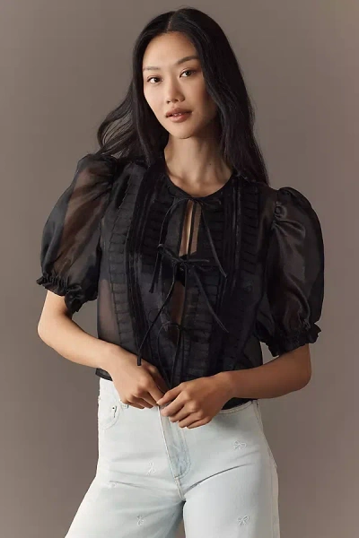 Mable Sheer Tie-front Puff-sleeve Blouse