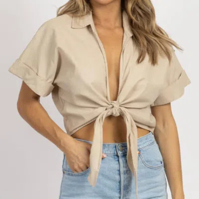 Mable Short Sleeve Linen Tied Crop Top In Neutral