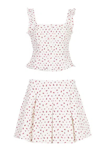 Mable Siv Floral Printed Top And Mini Skirt Set Cream In White