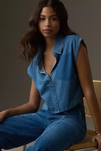 Mable Sleeveless Collared Denim Shell Top In Blue
