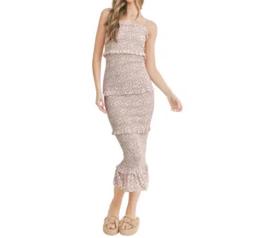 Mable Sleeveless Floral Print Smocking Midi Dress In Pink