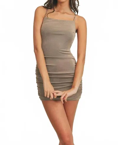 Mable Slinky Fabric Ruched Mini Bodycon Dress In Mocha In Gray