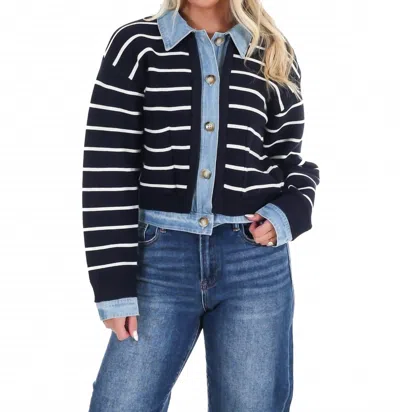 Mable Soho Stripe Denim Cardigan In Navy In Blue