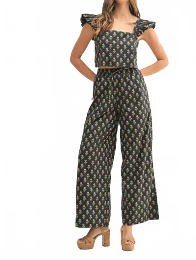 Mable Solange Floral Ruffle Pants Set In Black In Gray
