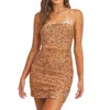 Mable Spaghetti Strap Bodycon Sequin Mini Dress With Side Slit In Taupe Blush/ Rose Gold In Brown