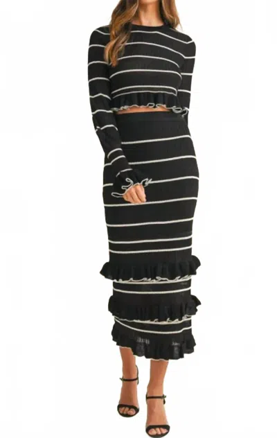 Mable Stripe Ruffle Knit Crop Top & Midi Knit Skirt In Black