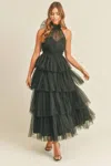 MABLE TIERED TULLE HALTER DRESS IN BLACK