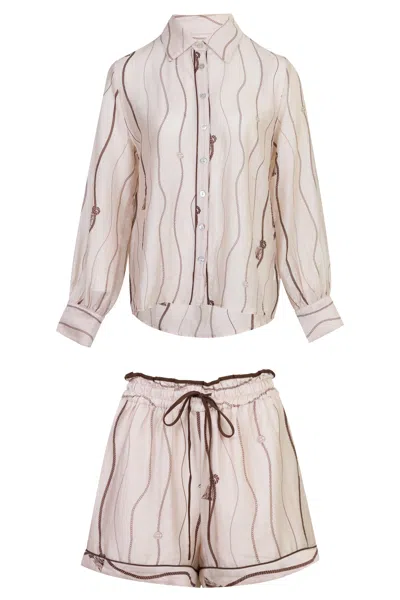 Mable Wavy Striped Blouse And Shorts Set Taupe In Gold