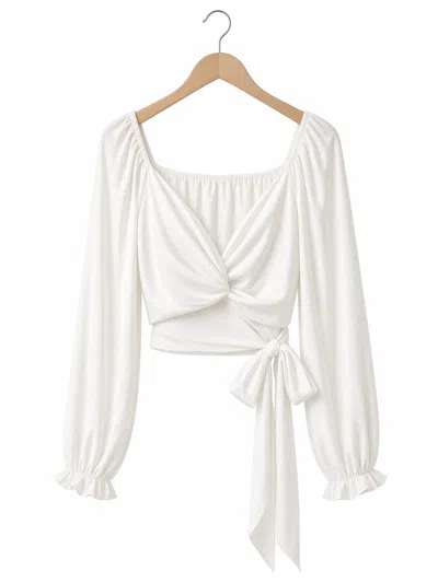 Mable Women's Long Sleeve Front Twist Crop Top In White
