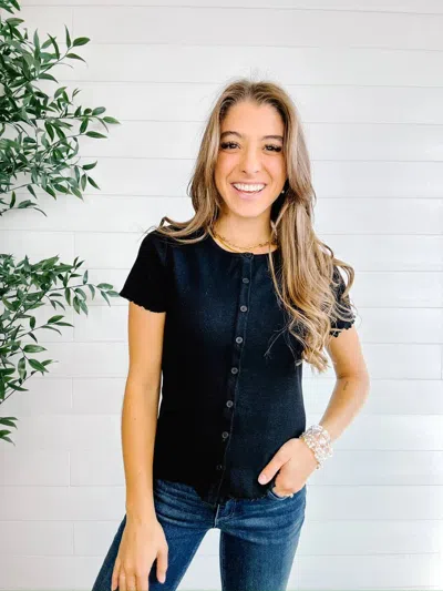 Mac & Me Button Front Short Sleeve Top In Black