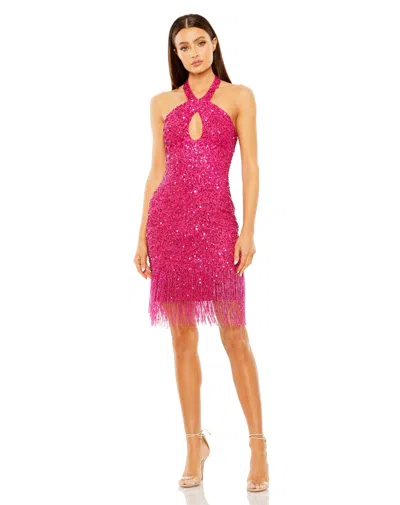 Mac Duggal Cross-front Beaded Mini Dress With Keyhole Detail And Fringe In Pink