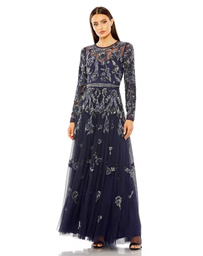 Mac Duggal 10013 Long Sleeve Beaded A Line Formal Dress In Blue