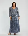Mac Duggal Long Sleeve Beaded Crystal Deep V Neckline Gown In Gray