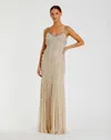 Mac Duggal 10101 Long Formal Prom Beaded Fringe Dress In Neutral