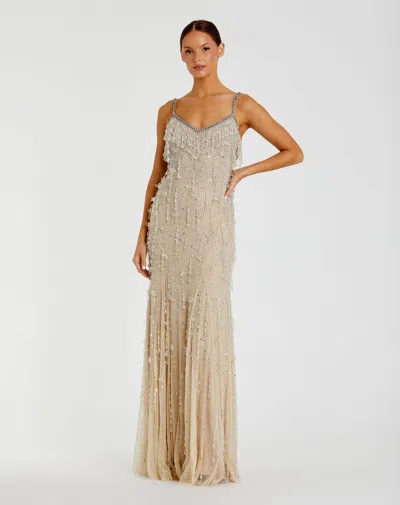 Mac Duggal 10101 Long Formal Prom Beaded Fringe Dress In Neutral