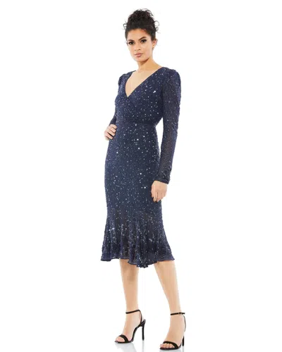 Mac Duggal Sequin With Embellished Hemlin And Belt Gown In Blue