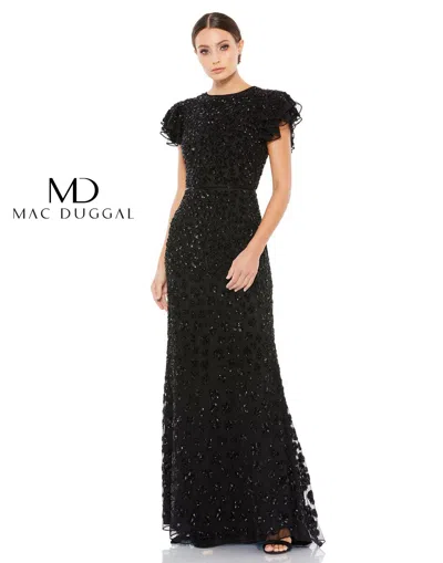Mac Duggal Beaded Mesh Fringe Short Sleeve Column Gown In Black