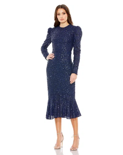 Mac Duggal Sequined Long Sleeve High Neck Trumpet Dress In Blue