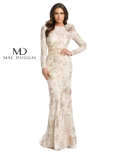 Mac Duggal 11174 Long Sleeve Floral Lace Formal Gown In Neutral
