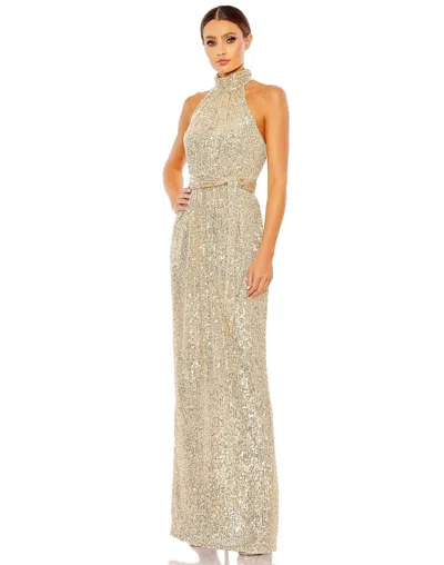 Mac Duggal Sequined Halter Neck Beltered Soft Tie Dress In Champagne
