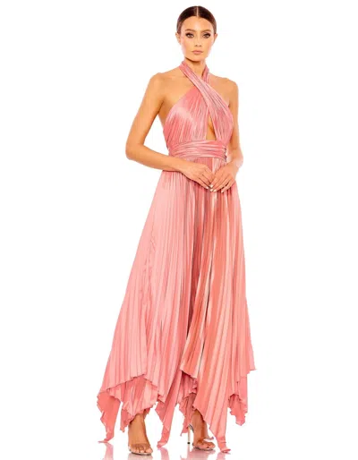 Mac Duggal Pleated Halter Neck Asymmetrical Hem Gown In Rose Pink