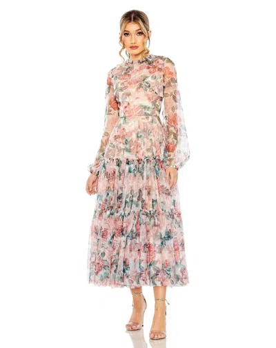 MAC DUGGAL 11405 LONG SLEEVE FORMAL FLORAL PRINT MIDI DRESS