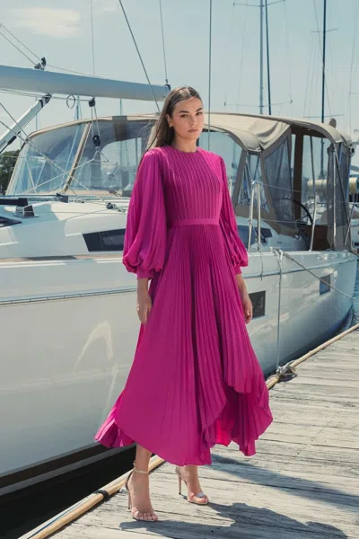 Mac Duggal Pleated Long Sleeve Handkerchief Hem Midi Cocktail Dress In Fuchsia