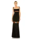 Mac Duggal Sheer Mesh Panel Sheer Detail Column Gown In Black