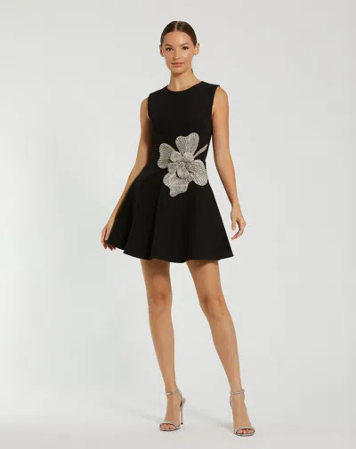 Mac Duggal Crepe Sleeveless Rhinestone Flower Detail Mini Dress In Black