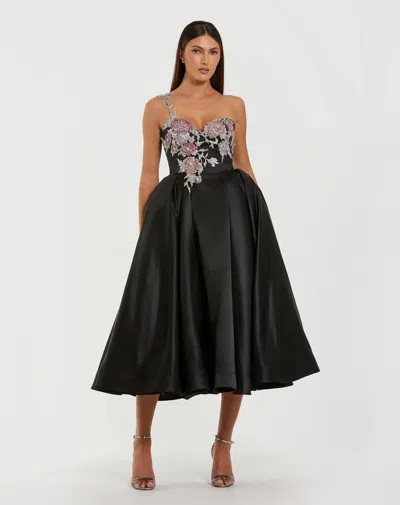 Mac Duggal 11955 Beaded Floral Applique Cocktail Midi Dress In Black