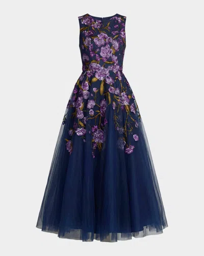 Mac Duggal Floral-embroidered Tulle Tea-length Cocktail Dress In Multi