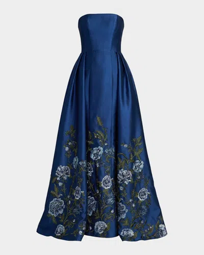 Mac Duggal Floral Embroidered Mikado Strapless Ball Gown In Blue