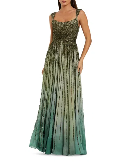 Mac Duggal Petite Ombre Beaded Scoop Neck A-line Gown In Green