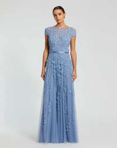 Mac Duggal Floral Embellished Short Sleeve Mesh Gown In Sky Blue