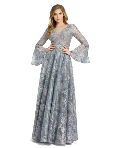 Mac Duggal Embellished Illusion Bell Sleeve A Line Gown In Grey Multi