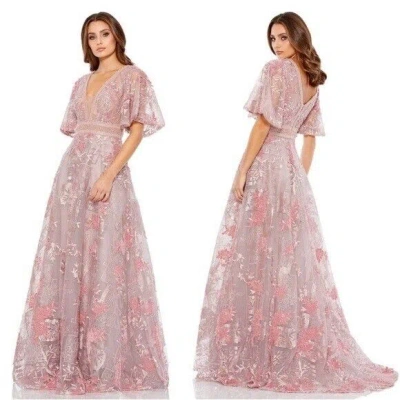 Pre-owned Mac Duggal 20262 Embroidered Flounce Sleeve A-line Gown Size 16 Pink