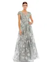 Mac Duggal Embroidered Mesh Dress With Illusion Neck And Short Sleeves In Gray