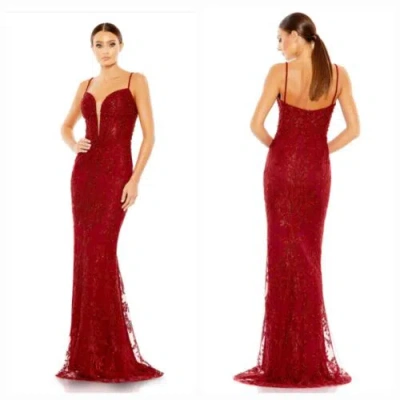 Pre-owned Mac Duggal 20330 Red Embellished Plunge Neck Illusion Mermaid Gown (12)--$798
