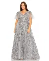 Mac Duggal Plus High Neck Flutter Sleeve Embellished A-line Gown In Gray